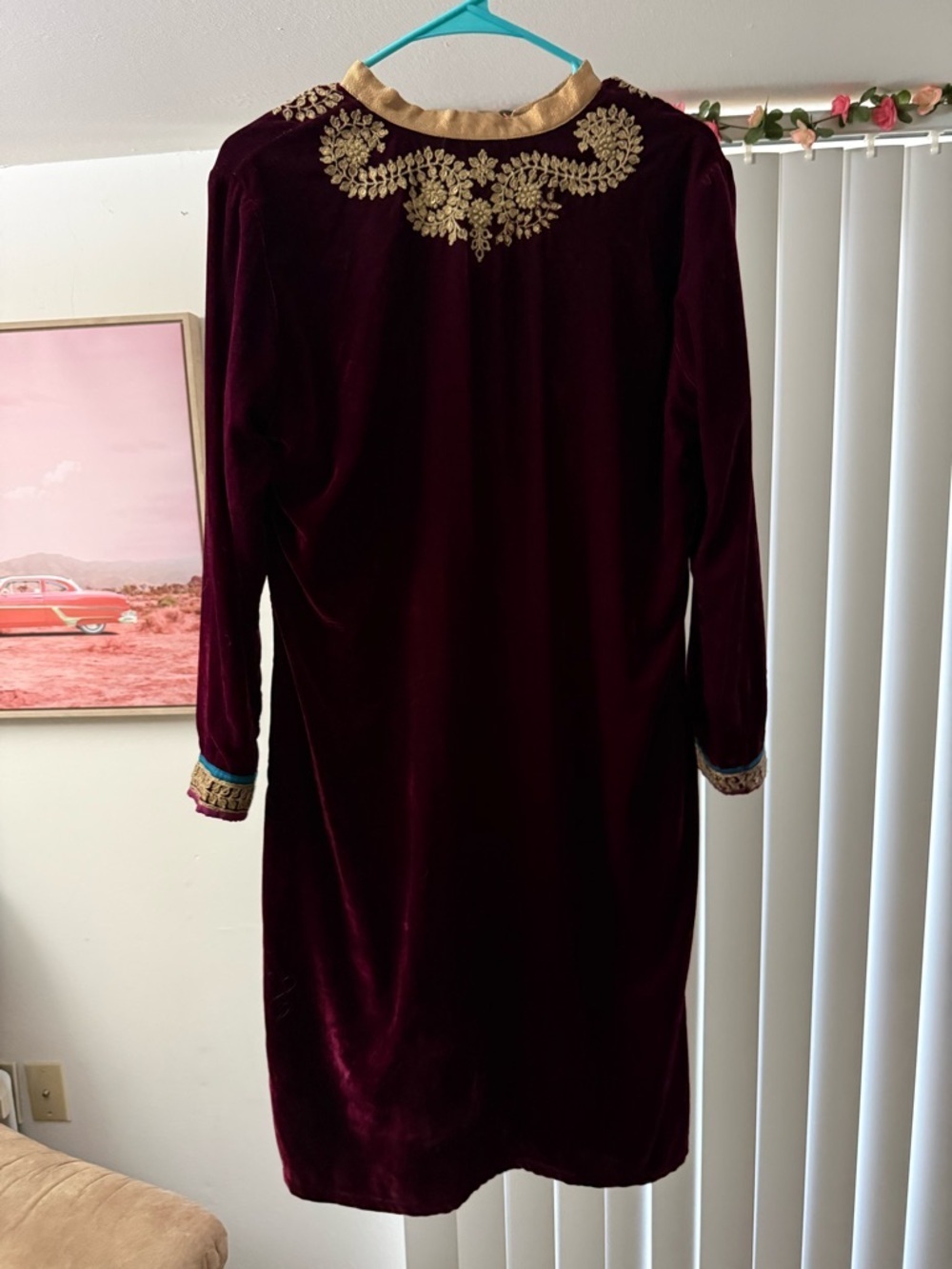 Lakshita Indian Burgundy Kaftan Kurta Tunic Embroidered Velvet Trim Ethnic Large - Picture 6 of 7
